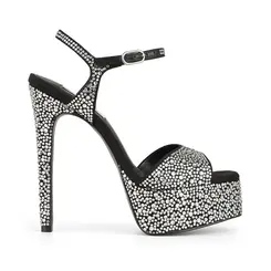 Sandalia Plataforma Nora Couro Preto com strass