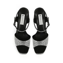 Sandalia Plataforma Nora Couro Preto com strass