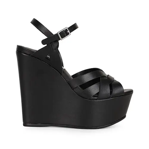 Sandalia Anabela Tainara Couro Preto