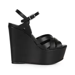 Sandalia Anabela Tainara Couro Preto