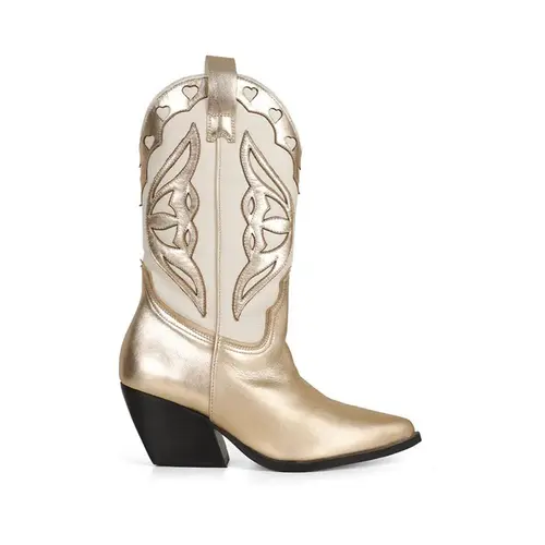 Bota West Couro Metalizado Ouro e Off White