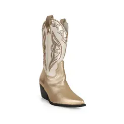 Bota West Couro Metalizado Ouro e Off White