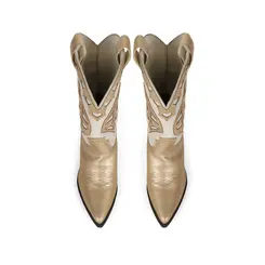 Bota West Couro Metalizado Ouro e Off White